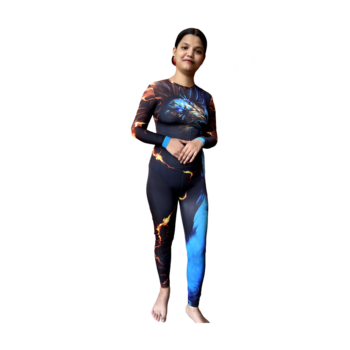 Lion Motif and Blue Flame Print Unitard for Yoga and Dance
