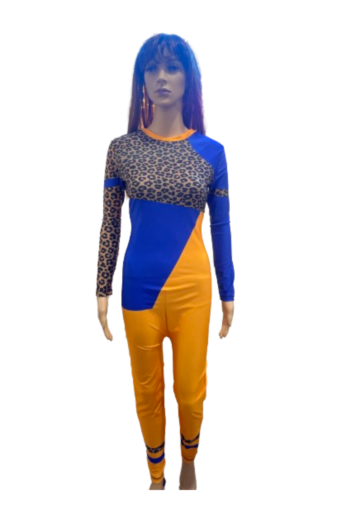 Vibrant Leopard Texture Unitard in Blue and Yellow Color