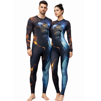 Lion Motif and Blue Flame Print Unitard for Yoga and Dance