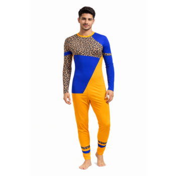 Vibrant Leopard Texture Unitard in Blue and Yellow Color