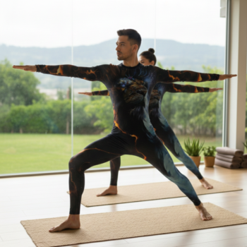 Lion Motif and Blue Flame Print Unitard for Yoga and Dance