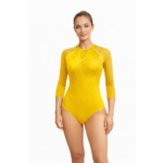 Yellow Sun Kiss Competitive, High Embellished, Power Net 3/4 Sleeves Leotard For Gymanstics, Mllakhamb, Aerial, Dance, Skating & Rope Yoga