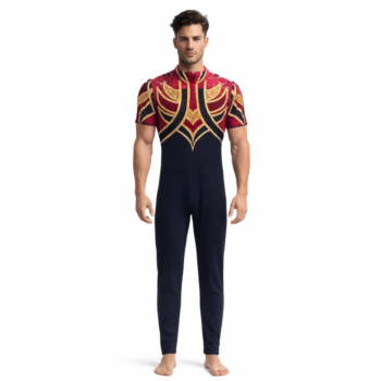 Unisex Black and Red Half-Sleeve Unitard with Gold-Accented Velvet Patchwork