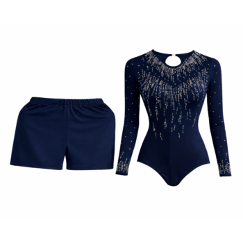 Navy Blue Competitive Crystal Fit Leotard Set For Artistic Gymnastics, Mallakhamb, Yoga & Dance
