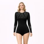 Black Competitive, Embellished, Silver Shadow Leotard For Gymanstics, Mllakhamb, Aerial, Dance, Skating & Yoga