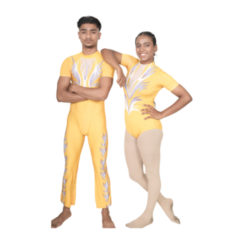 Competitive Duo Gold Allure Flared Bottom Unitard And Leotard Set For Acrobatics, Aerobics, Step Up, Zumba And Acro Dance