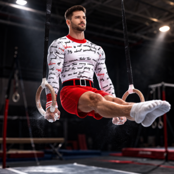 Competitive/Training Red Script Illusion Biketard For Acrobatics, Aerobics, Trampoline, Zumba , Yoga And Step Up