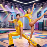 Competitive Duo Gold Allure Flared Bottom Unitard And Leotard Set For Acrobatics, Aerobics, Step Up, Zumba And Acro Dance