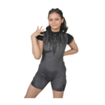 Cape Sleeves Aerofit Charcoal Grey Printed Biketard Designed For Yoga, Skating, Step Up And Acro Dance
