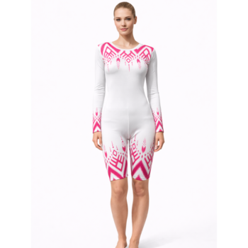 White & Pink Full Sleeves Blessed with Luck Biketard