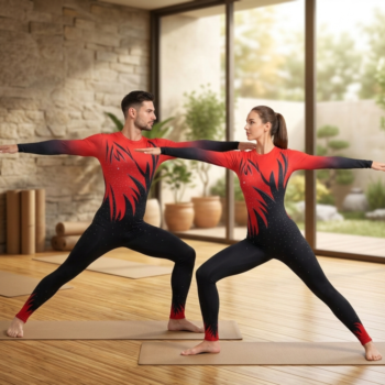 Black & Red Full Sleeves Flow in Fortune Unitard For Yoga, Figure Skating, Aerial & Dance